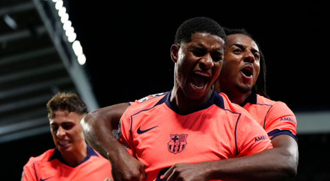 Marcus Rashford celebrating a goal for Barcelona and England