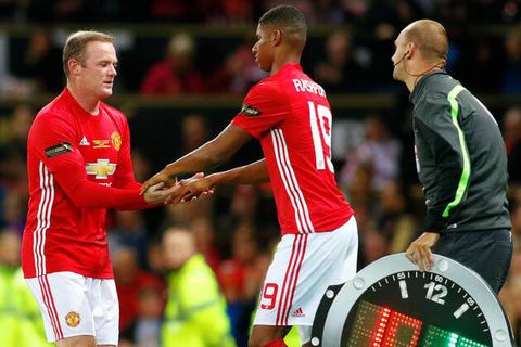 Wayne Rooney and Marcus Rashford playing for Manchester United