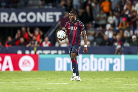 Karl Etta Eyong of Levante UD celebrates a goal during the Spanish League, LaLiga EA Sports, football match played between Levante UD and Real Madrid || Image credit: imago