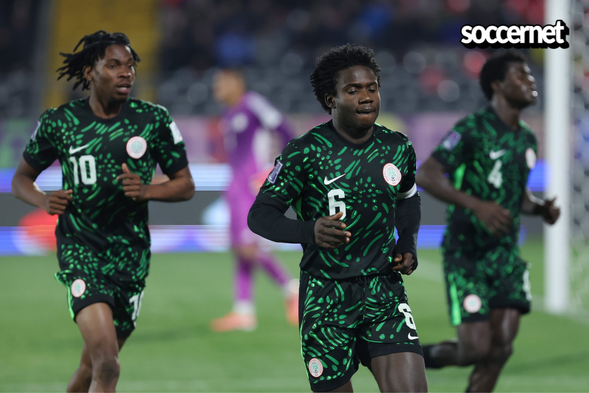 Daniel Bameyi celebrates with the Flying Eagles of Nigeria after scoring a late equaliser against Colombia at the Estadio Fiscal de Talca, Chile, U-20 FIFA World Cup
